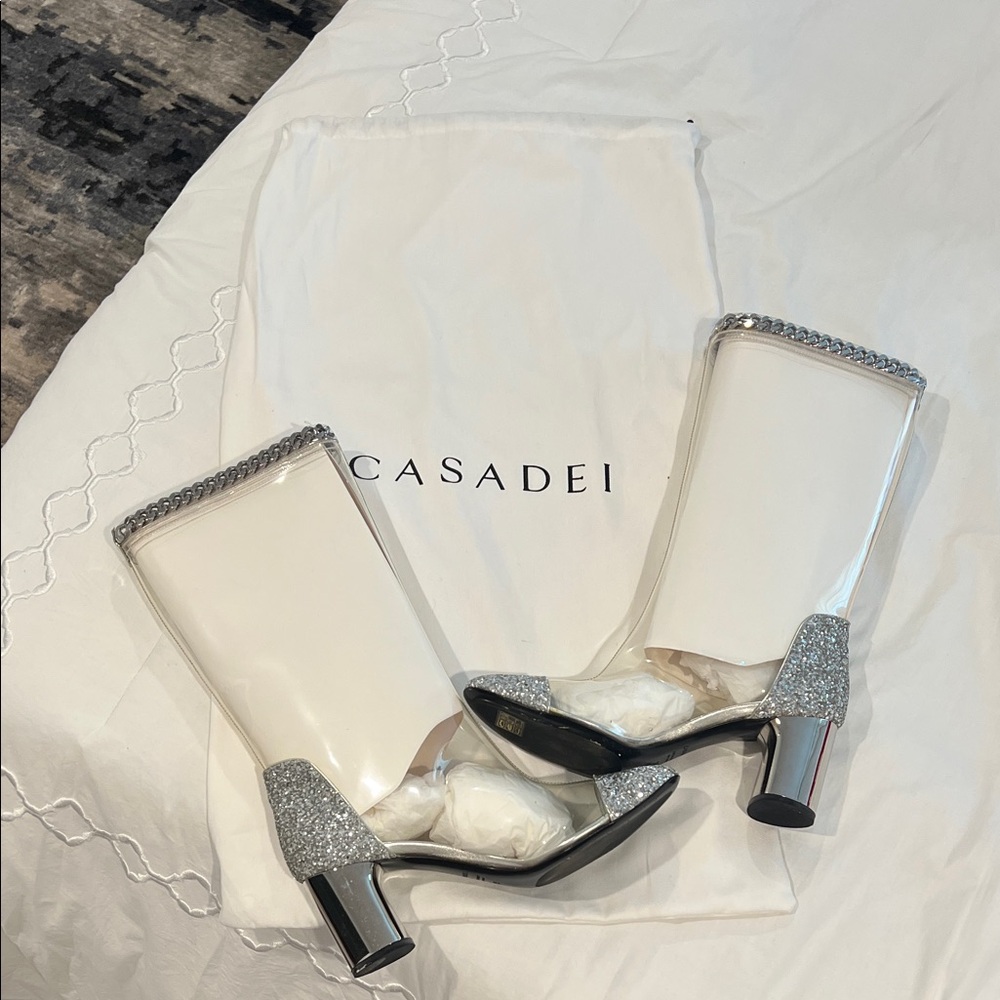 Casadei Transparent Boots with Silver Glitter Heels